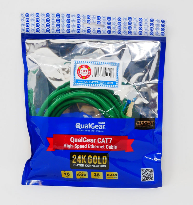 QualGear QG-CAT7R-10FT-GRN CAT 7 S/FTP Ethernet Cable Length 10 feet - 26 AWG, 10 Gbps, Gold Plated Contacts, RJ45, 99.99% OFC Copper, Color Green