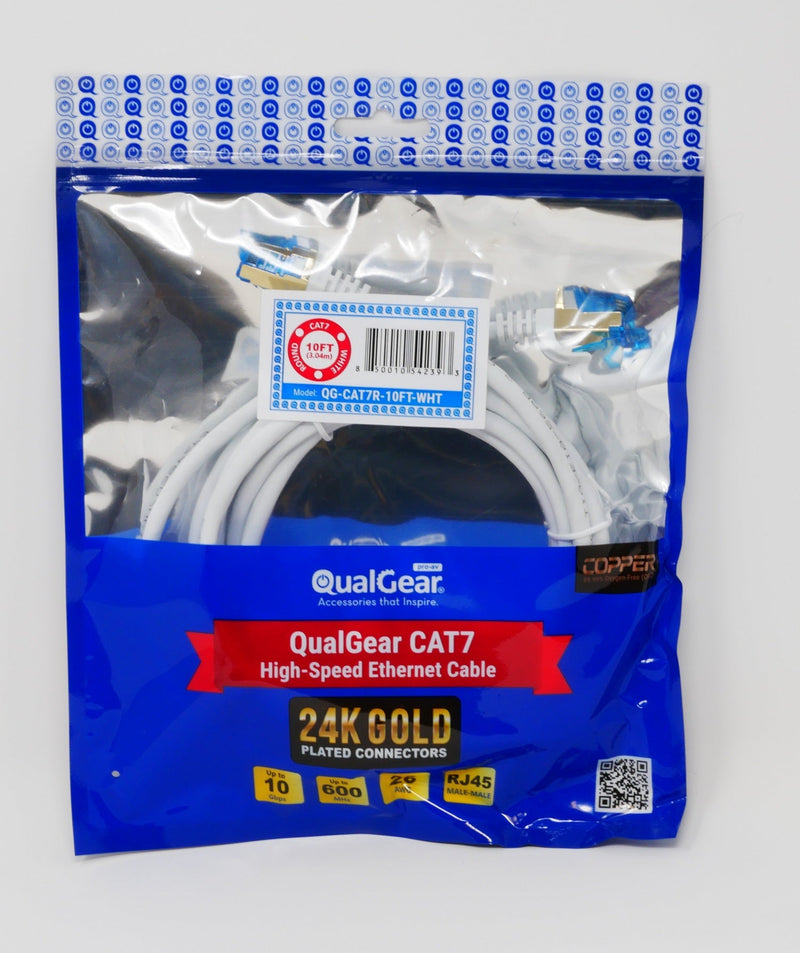 QualGear QG-CAT7R-10FT-WHT CAT 7 S/FTP Ethernet Cable Length 10 feet - 26 AWG, 10 Gbps, Gold Plated Contacts, RJ45, 99.99% OFC Copper, Color White