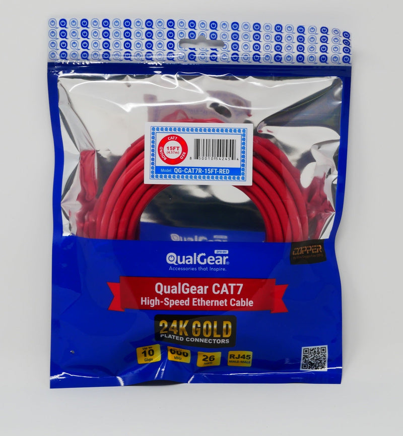 QualGear QG-CAT7R-15FT-RED CAT 7 S/FTP Ethernet Cable Length 15 feet - 26 AWG, 10 Gbps, Gold Plated Contacts, RJ45, 99.99% OFC Copper, Color Red